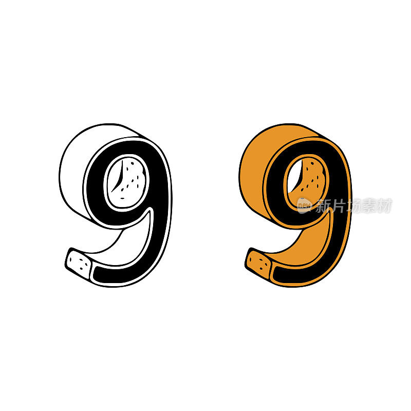 Isometric number 9 doodle vector illustration on white background. Number nine clip art.